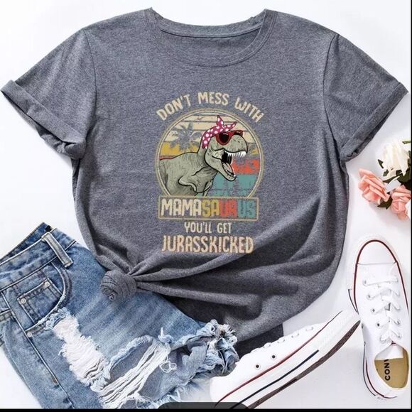 Gray Graphic Mama Dinosaur Rockabilly Jurassic Dinosaur Cotton Tee Shirt -NEW - Picture 1 of 2